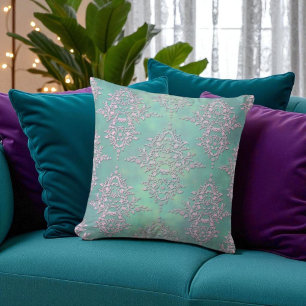 Praktfull teal och lavendelpastell damask kudde