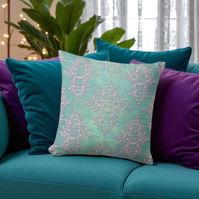Praktfull teal och lavendelpastell damask kudde (Skapare uppladdad)