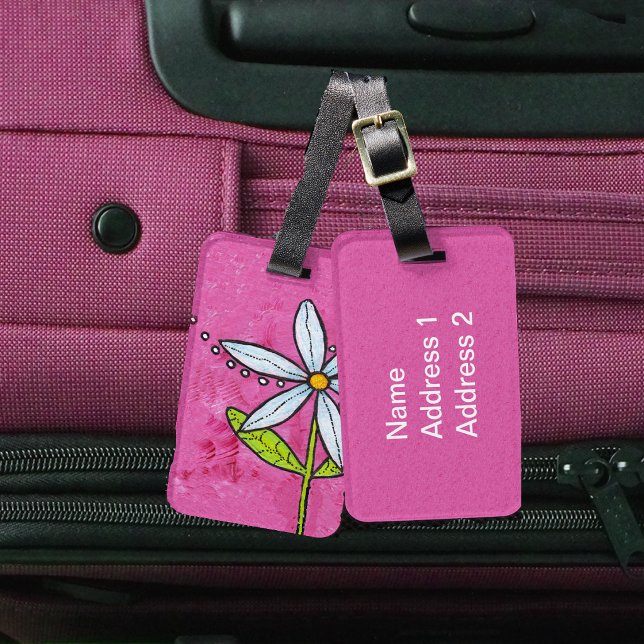 Praktfull vit tusenskönablomma rosa bagagebricka (Bold bright white daisy flower green leaves white dot accents on vibrant pink luggage tags.)