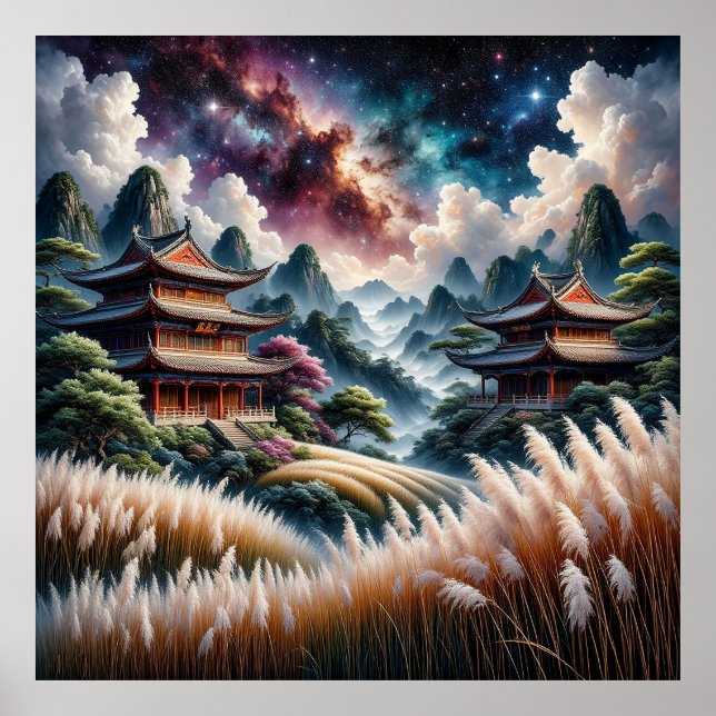Praktfulla asiatiska tempel mot en stjärnklar himm poster (Framsidan)
