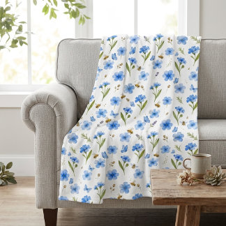 Praktfulla blå vildblommor, bin och fjärilar fleecefilt