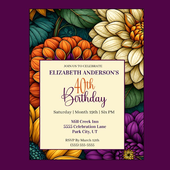 Praktfulla höstblommor 40-årsdag inbjudningar (Opulent Autumn Flowers 40th Birthday Invitation For Women.)