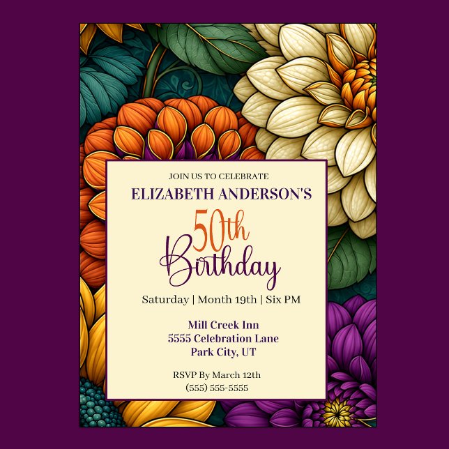 Praktfulla höstblommor 50-årsdag inbjudningar (Opulent Autumn Flowers 50th Birthday Invitation For Women.)