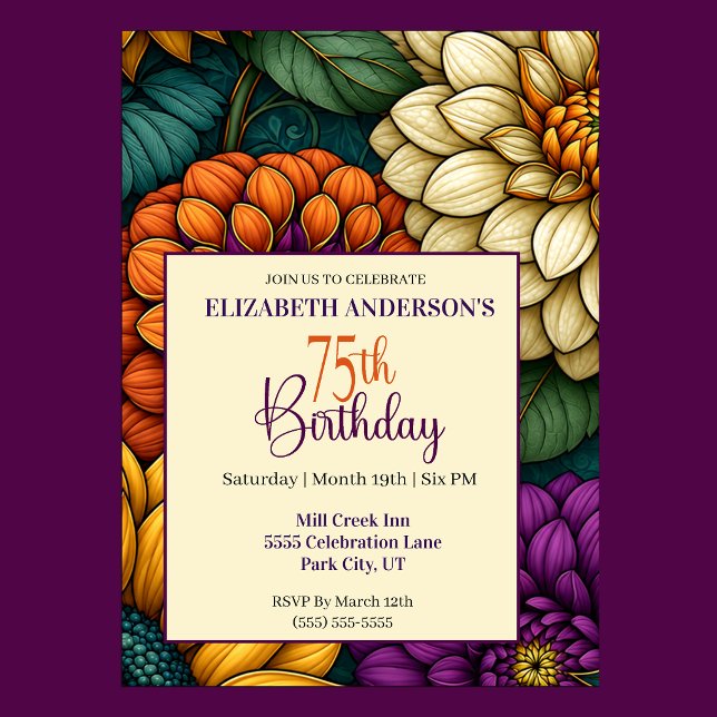 Praktfulla höstblommor 75-årsdag inbjudningar (Opulent Autumn Flowers 75th Birthday Invitation For Women.)