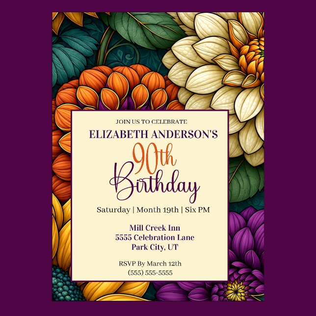 Praktfulla höstblommor 90-årsdag inbjudningar (Opulent Autumn Flowers 90th Birthday Invitation For Women.)