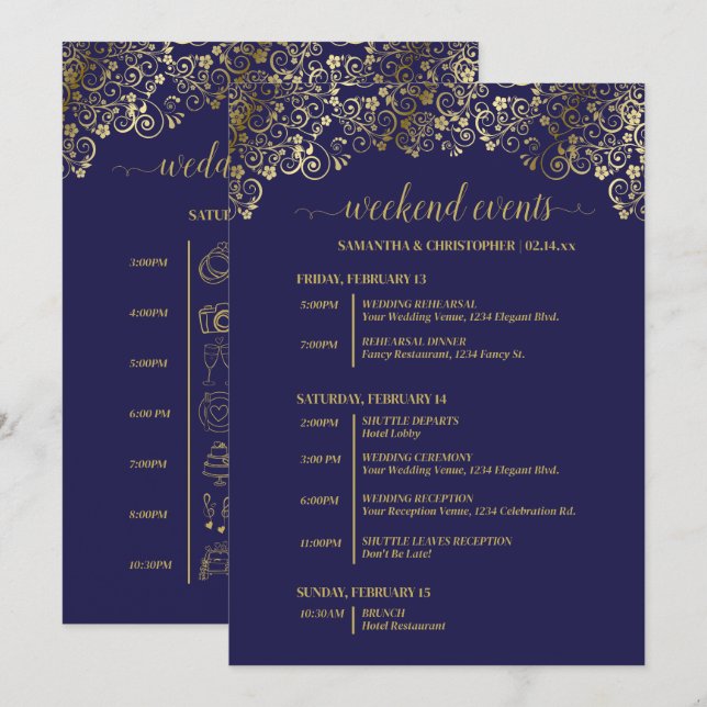 Praktfulla Navy Blue & Guld Bröllopsevenemang & Ti Program (Fram/baksida)