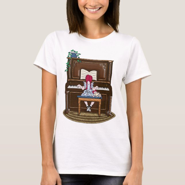 Praktisera piano för lite röd Haired flicka T Shirt (Framsida)