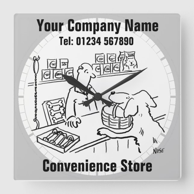 Praktisk butik, lokal butiks- eller stormarknad fyrkantig klocka (Framsida)