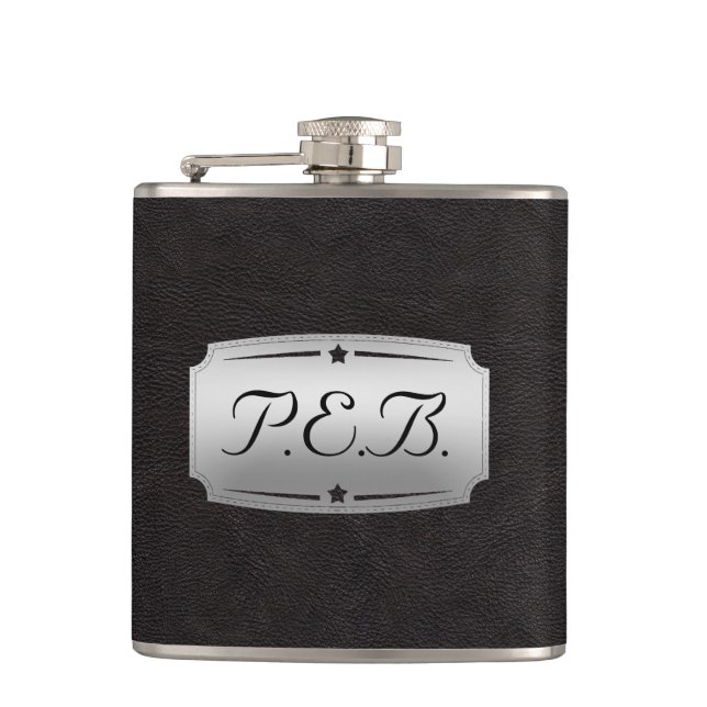 Praktisk svart läder och silvertryckt monogram fickplunta (Framsidan)