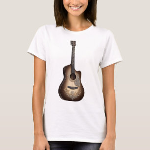 Praktiskt detaljerad akustisk gitarr med strängar t shirt