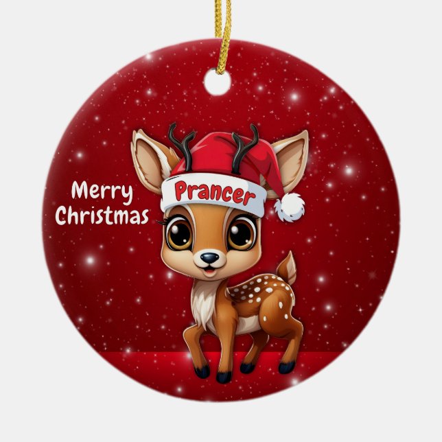 Prancer Baby Deer, Fawn, Doe, Reindeer🦌 🎄 Julgransprydnad Keramik (Framsidan)
