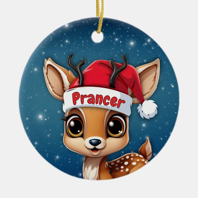 Prancer Baby Deer, Fawn, Doe, Reindeer 🦌🎄 Julgransprydnad Keramik (Framsidan)