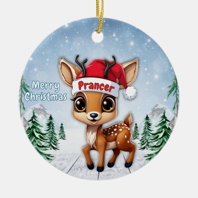 Prancer Baby Deer, Fawn, Doe, Reindeer 🦌🎄 Julgransprydnad Keramik (Framsidan)