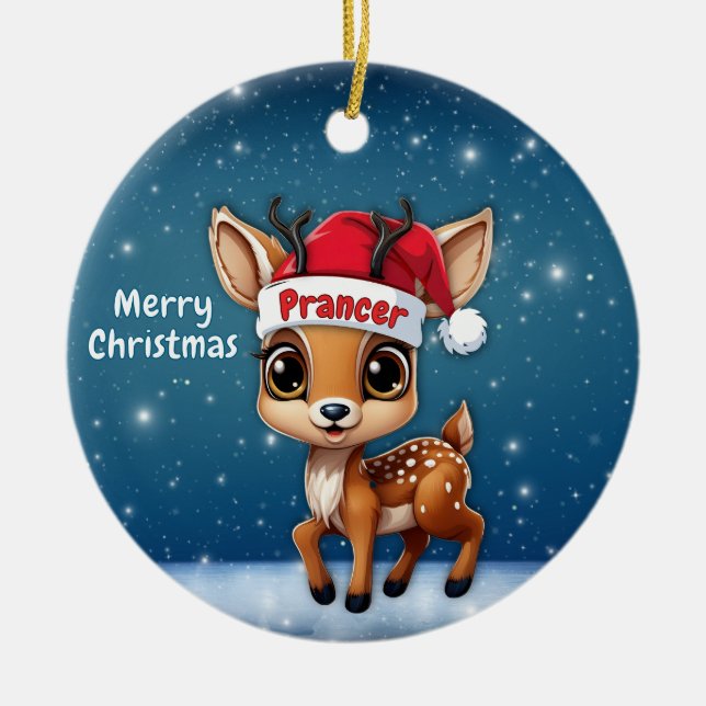 Prancer Baby Deer, Fawn, Doe, Reindeer🦌 🎄 Julgransprydnad Keramik (Framsidan)