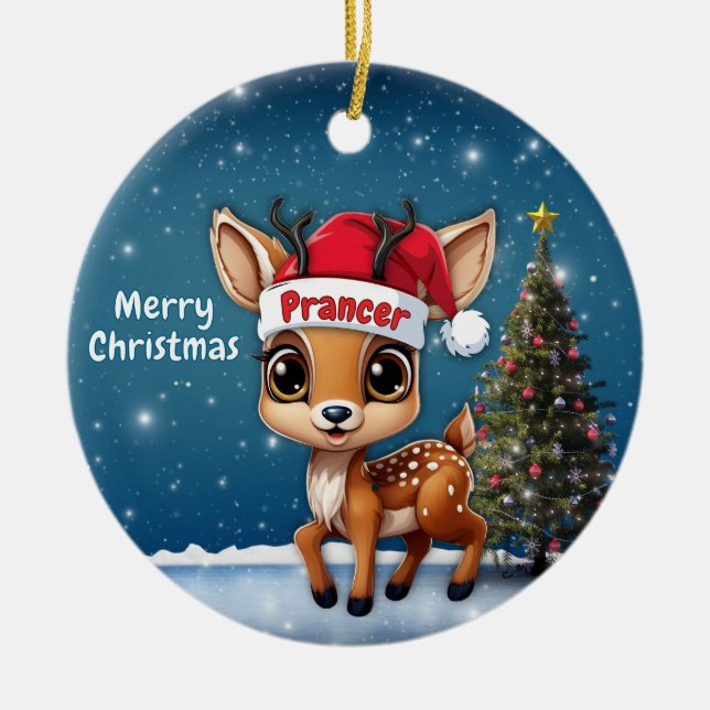 Prancer Baby Deer, Fawn, Doe, Reindeer🦌 🎄 Julgransprydnad Keramik (Framsidan)