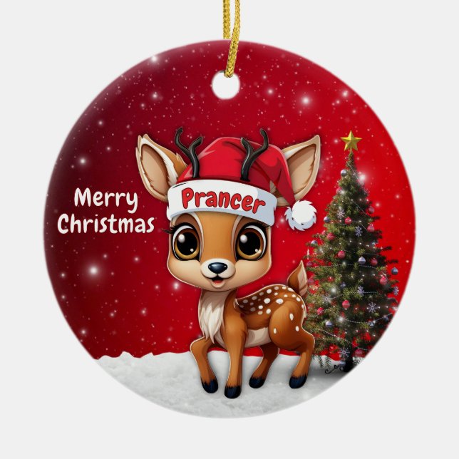 Prancer Baby Deer, Fawn, Doe, Reindeer🦌 🎄 Julgransprydnad Keramik (Framsidan)
