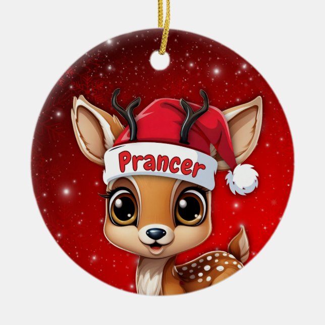 Prancer Baby Deer, Fawn, Doe, Reindeer🦌 🎄 Julgransprydnad Keramik (Framsidan)