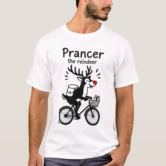 Prancer The Reindeer Riding a Bike T Shirt (Framsida)
