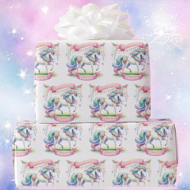 Prancing Unicorn Personalize Girl's Namn Birthday Presentpapper (Skapare uppladdad)