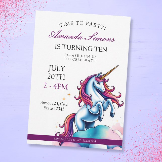 Prancing Unicorn Sparkle Girl 10th Birthday Inbjudningar (Skapare uppladdad)