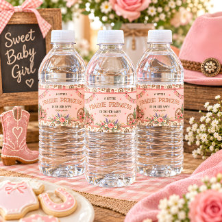 Prärieprinsessa Western Baby Shower Vattenflaskor Etikett