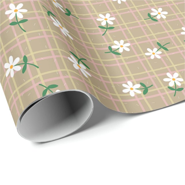 Prästkragar på brunrutig bakgrund (stor skala) presentpapper (Rullad Hörn)