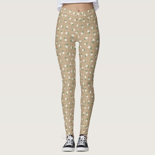 Prästkragar på Brunt Plaid (liten skala) Leggings (Framsida)