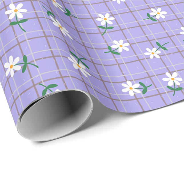 Prästkragar på lila rutmönster (stor skala) presentpapper (Rullad Hörn)