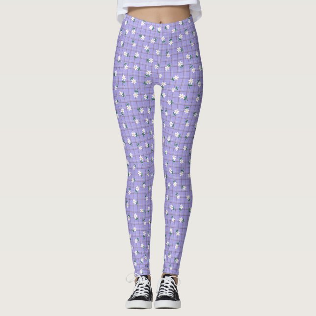 Prästkragar på Plaid (liten skala) Lila Leggings (Framsida)