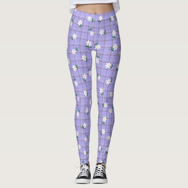 Prästkragar på Plaid (stor skala) Lila Leggings (Framsida)