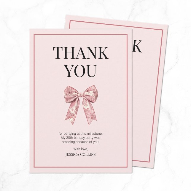 Prata 30 med Rosa Girly Bow 30 på födelsedagen Tack Kort (Talk 30 to Me Pink Girly Bow Thirty Birthday Thank You Card)