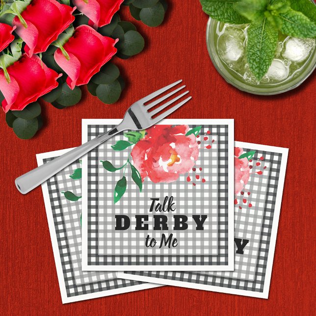 Prata Derby med mig Röd ros om Gingham Pappersservett (Talk Derby to Me red rose on black and white gingham check napkins)