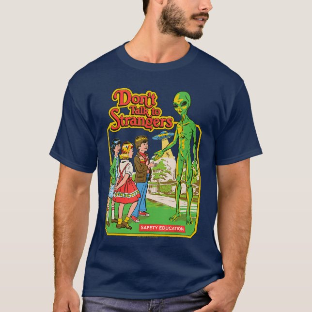 Prata inte med Främlingar Alien UFO Retro Roligt V T Shirt (Framsida)