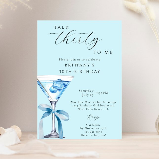 Prata trettio till mig Blue Bow Martini 30års föde Inbjudningar (Skapare uppladdad)