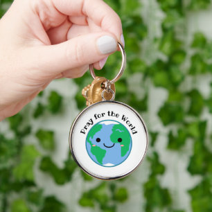 Pray for the World Cute Earth Keychain Rund Silverfärgad Nyckelring