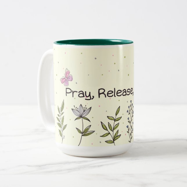 "Pray, Release, Trust" Mugg Design (Framsida vänster)