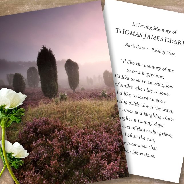 Prayer Cards for Funeral Foggy Morgonsoluppgång Visitkort (pink heather fields, celebration of life, in loving memory of, prayer cards for bereavement)