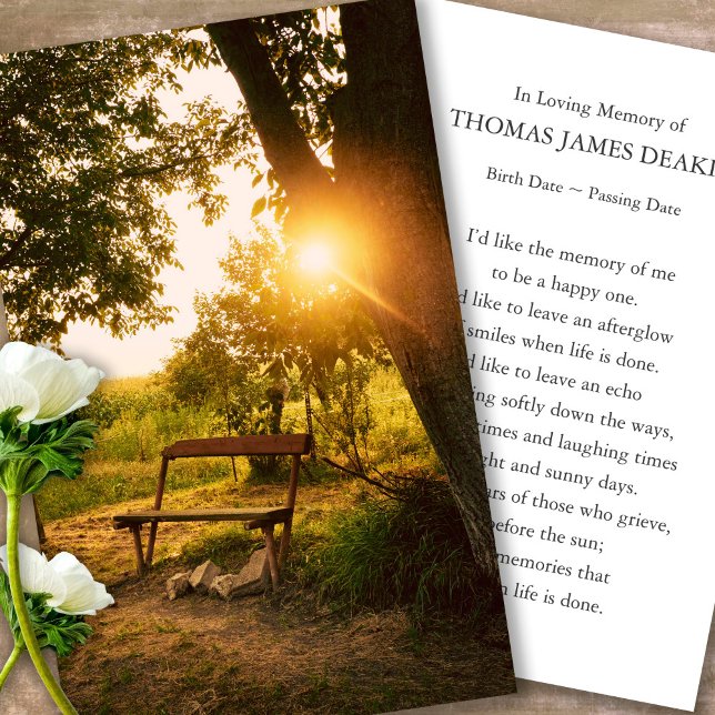 Prayer Cards for Funeral Garden Sunrise Visitkort (sunset, sunrise, park bench, celebration of life, in loving memory of, prayer cards for bereavement)
