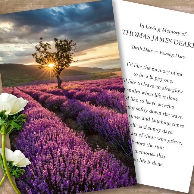 Prayer Cards for Funeral Lavender Sunrise Visitkort (sunset, sunrise, lavender, celebration of life, in loving memory of, prayer cards for bereavement)