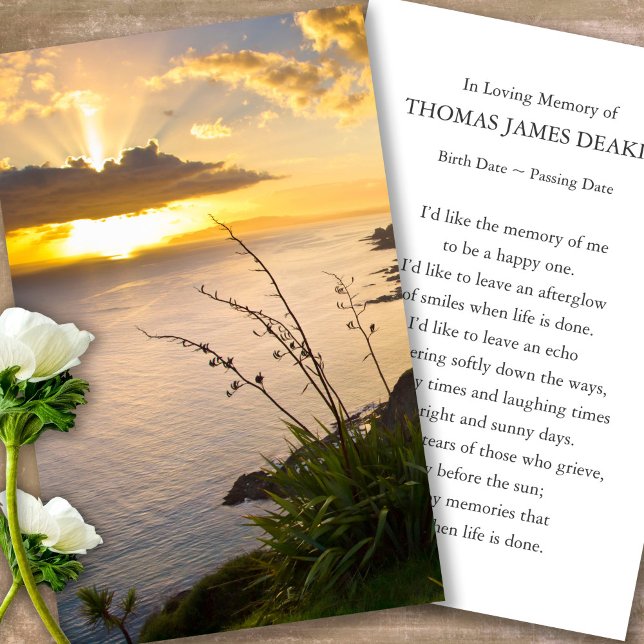 Prayer Cards for Funeral Pacific Sunrise Visitkort (sunset, sunrise, beach, celebration of life, in loving memory of, prayer cards for bereavement)