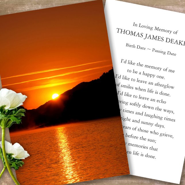 Prayer Cards for Funeral Sjö Sunrise Visitkort (sunset, sunrise, beach, celebration of life, in loving memory of, prayer cards for bereavement)