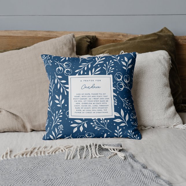 Prayer för Joy Peace Gift Scripture Blue Blommigt Kudde (Faith-filled scripture pillow featuring editable prayer poem front.)