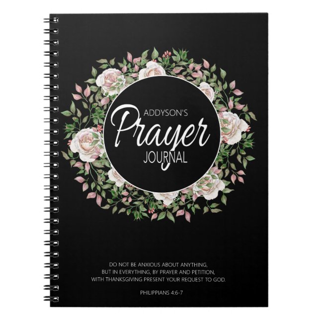 Prayer Journal Black White Rosa Blommigt Anteckningsbok (Framsidan)