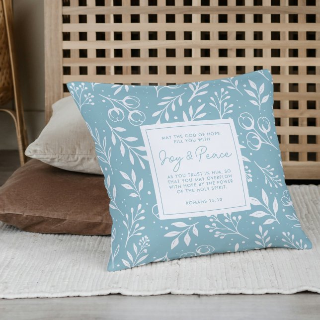 Prayer Keepsaké Gift Scripture Dusty Blue Blommigt Kudde (Comfort gift pillow with Bible verse back & editable prayer poem front.)