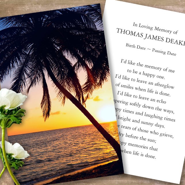 Prayer-kort för Funeral Handflatan Träd Sunrise Visitkort (sunset, sunrise, beach, celebration of life, in loving memory of, prayer cards for bereavement)