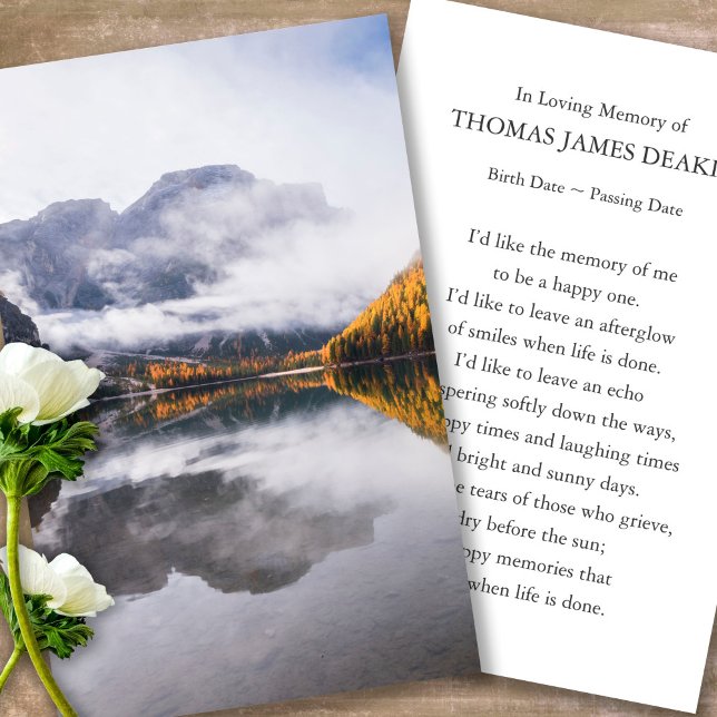 Prayer-kort för Moody höstdag Visitkort (misty lake, celebration of life, in loving memory of, prayer cards for bereavement)