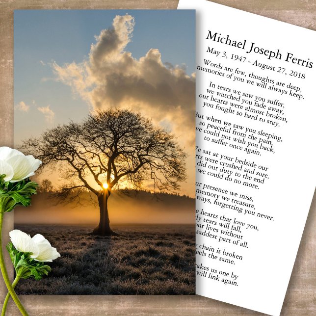 Prayer-kort | Lone Träd 3 - Lyxe Visitkort (sunset, sunrise, tree, celebration of life, in loving memory of, prayer cards for bereavement)