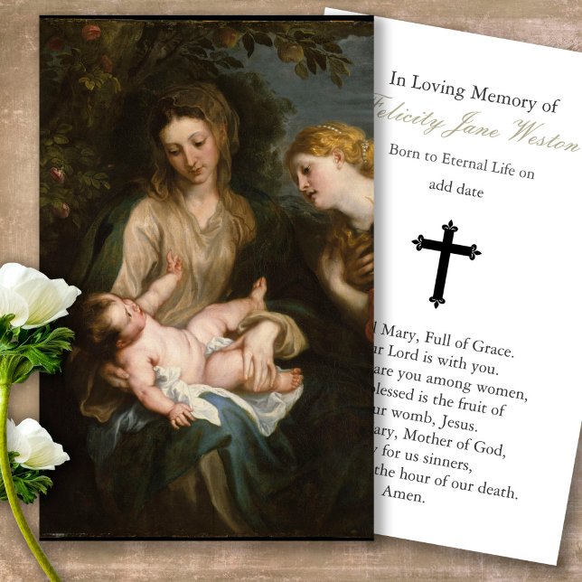 Prayer-kort | Madonna & Child & St Catherine Visitkort (catholic, religious, celebration of life, in loving memory of, prayer cards for bereavement)