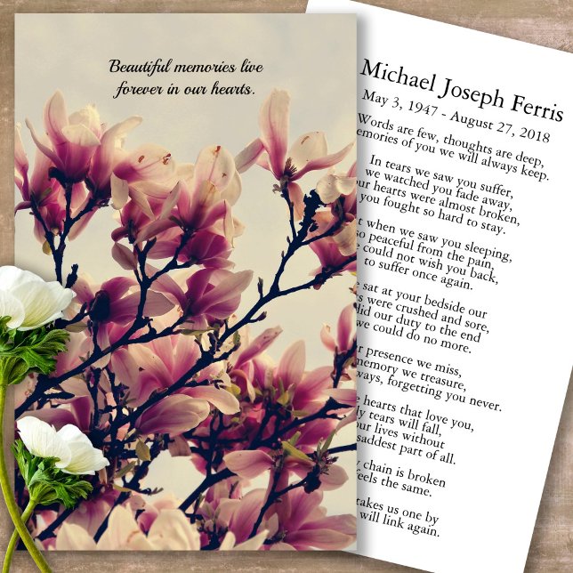 Prayer-kort | Söt Magnolia - Deluxe Visitkort (Forever in our hearts, celebration of life, in loving memory of, prayer cards for bereavement)