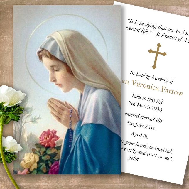 Prayer-kort | Vacker Virgin Mary Visitkort (catholic, religious, celebration of life, in loving memory of, prayer cards for bereavement)